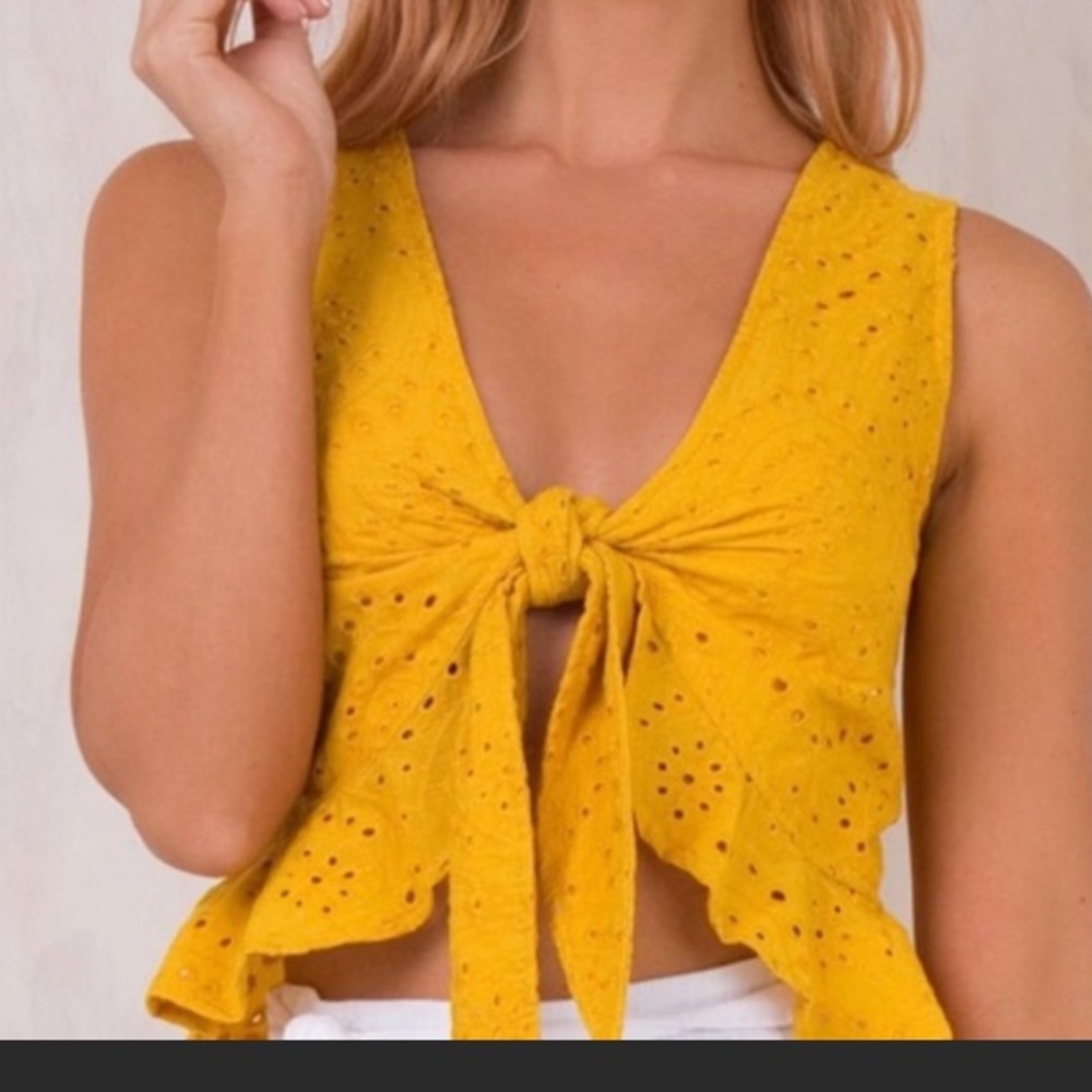 Princess Polly yellow eyelet tie front crop top